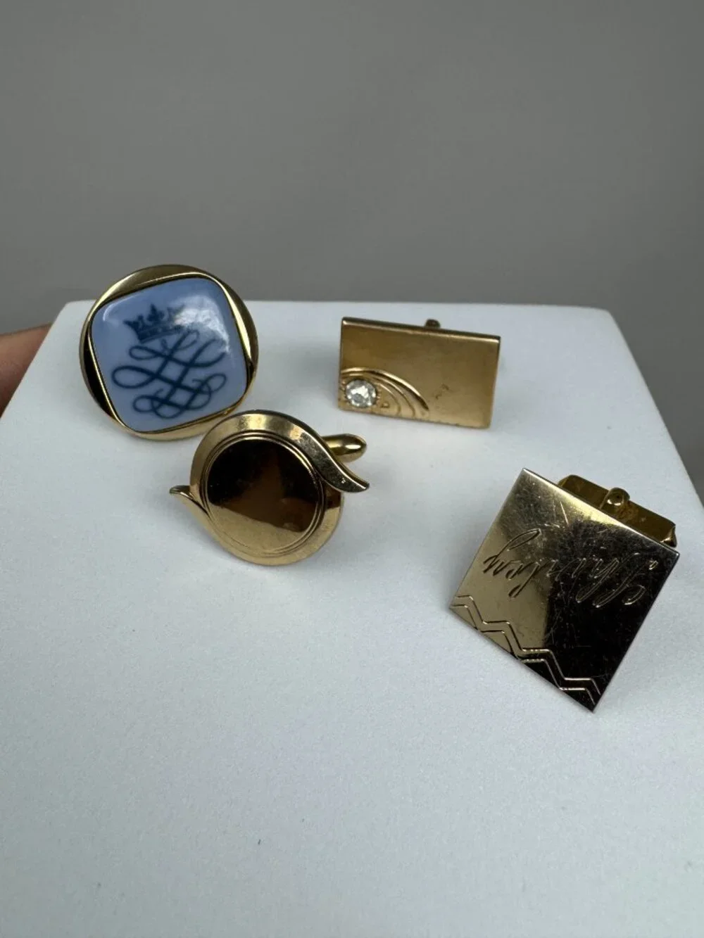 Lot of 4 Vintage Single Cufflinks Swank Denmark Porcelain 10K GF Gold Tone